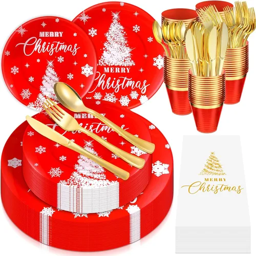 Maxcheck Juego de vajilla de plástico de Navidad de 175 piezas, 25 platos llanos, 25 platos de postre, 25 servilletas, 25 tenedores, 25 cuchillos,