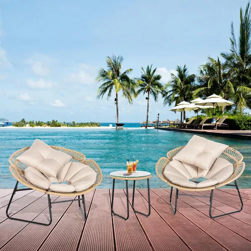 Vista 8 de Juego de 3 piezas de ratán bistró, juego de muebles de mimbre en forma de flor con cojín y almohada, mesa de bistro y sillas, juego de 2 con mesa