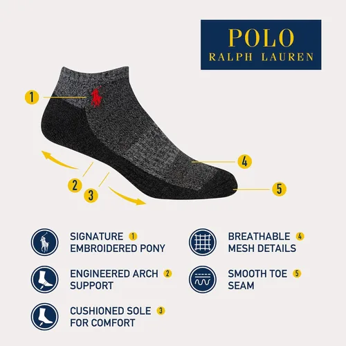 Vista 2 de Polo Ralph Lauren Men's Classic Sport Marled Socks-6 Pair Pack-Breathable Mesh and Arch Support