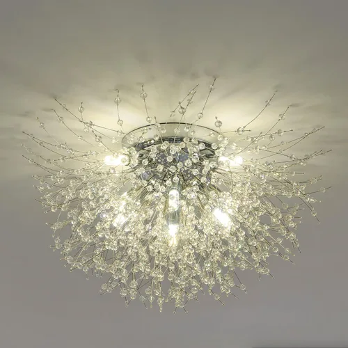 Vista 13 de Moderna lámpara de techo de cristal negro, mini lámpara de araña Sputnik de cristal de 4 luces, lámparas de techo semiempotradas para dormitorio