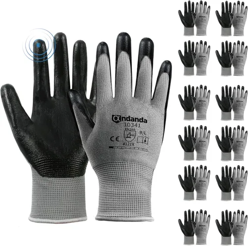 ANDANDA 12 pares de guantes de trabajo, tacto inteligente, ajuste elástico cómodo 3D, guantes de trabajo recubiertos de nitrilo con agarre, guantes