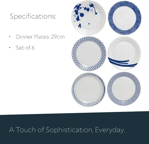 Vista 4 de Royal Doulton Pacific - Platos llanos con patrones mixtos, 11.4 pulgadas, azul/blanco, juego de 6