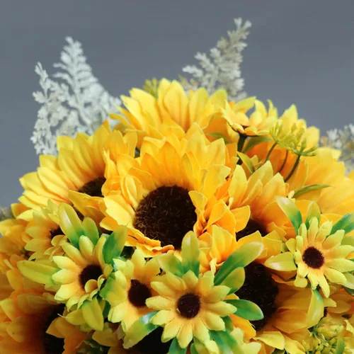 Vista 5 de Ramo de flores artificiales de girasol, ramos de boda románticos de 13.8 pulgadas para novia, dama de honor, ramas de girasol de seda para novia