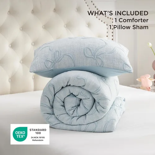 Vista 7 de Bedsure - Juego de edredón individual/King, juego de cama bohemio azul polvo capitoné, 3D, tipo jacquard, 2 piezas: 1 edredón estilo rústico chic