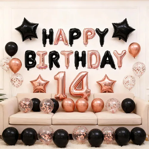 Decoraciones de cumpleaños número 14: globos de papel de aluminio de estrella con el número 14 de oro rosa, confeti de látex para su fiesta de