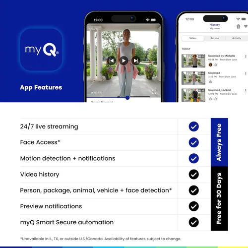 Vista 9 de myQ Secure View™ Cerradura inteligente 3 en 1 con cámara de timbre de video HDR 2K, acceso facial, acceso de huellas dactilares, control PIN