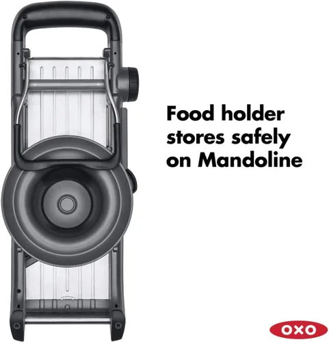 Vista 7 de Manija y rebanadora 2.0 OXO, para chefs, de buen agarre Negro y acero.