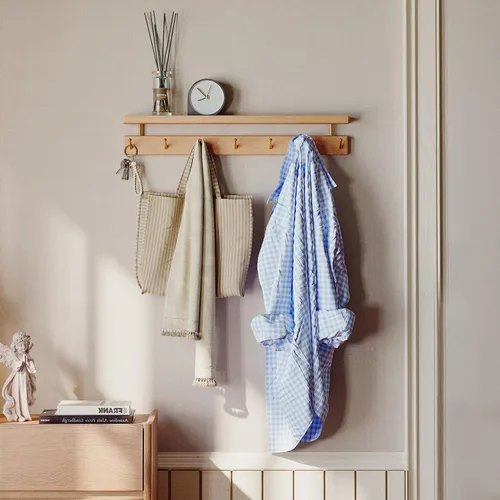 Vista 16 de Ganchos de pared de madera maciza con estante, perchero de pared, estante colgante de entrada con 6 ganchos de latón para sombreros, ropa, toallas