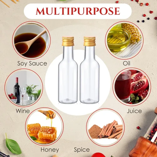 Vista 5 de Yinder 100 botellas pequeñas de licor de 1.7 onzas a granel, pequeñas botellas vacías de plástico con tapas, embudos de papel Kraft, cuerdas