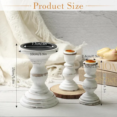 Vista 2 de Unity - Portavelas de madera LIKEYO Unity para bodas, juego de 3 velas rústicas, candelabros blancos de madera para mesa de boda, centro de mesa