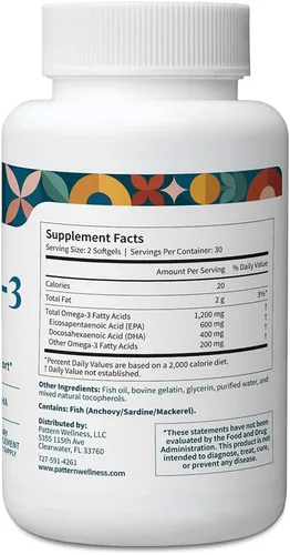 Vista 3 de Pattern Wellness Omega 3 cápsulas blandas – Fórmula de aceite de pescado puro – Ayuda a mantener la salud del cerebro, corazón y articulaciones