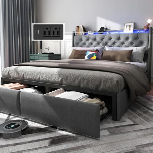 Vista 18 de UINTAI Base de cama de tamaño matrimonial con cabecera y 4 cajones de almacenamiento, plataforma tapizada de metal con respaldo de alas con luces