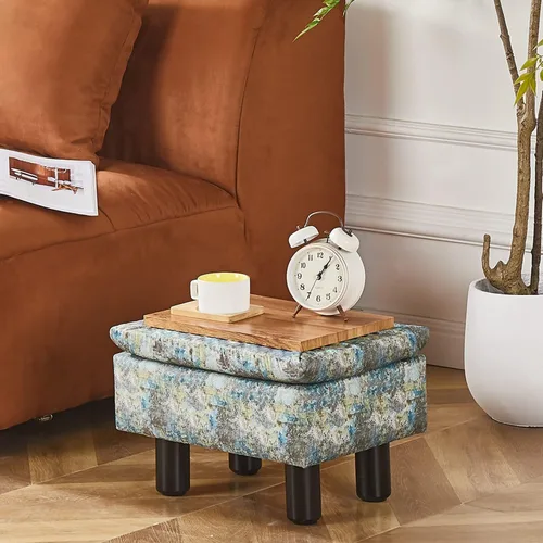 Vista 20 de Cpintltr Taburete de lino pequeño otomano rectangular para pies tapizado con patas de madera maciza, taburetes decorativos modernos, color gris