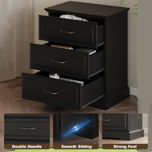 Vista 5 de Cómoda rústica de 3 cajones para dormitorio, cómoda moderna de 24 pulgadas de ancho con cajones profundos y asas de barra, mesita de noche de madera