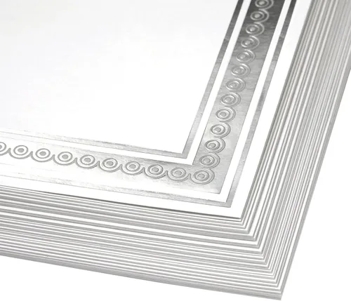 Vista 5 de Juvale - 50 hojas de papel de aluminio plateado para certificar, cartulina personalizable en blanco con borde para diploma de graduación, premios