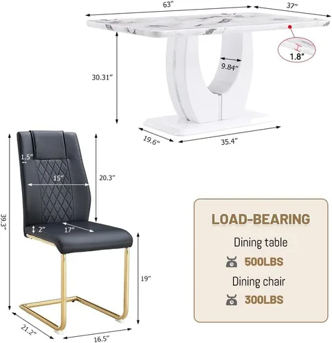 Vista 2 de JUFU Juego de mesa de comedor moderno para 4, juego de mesa de cocina rectangular de 63 pulgadas con mesa de mármol sintético y 4 sillas tapizadas