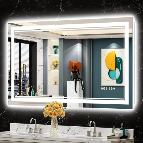 Vista 76 de Espejo de baño LED de 48 x 30 pulgadas con luces, retroiluminado + frontal iluminado, espejo de tocador con luz antiniebla para pared de baño con 3