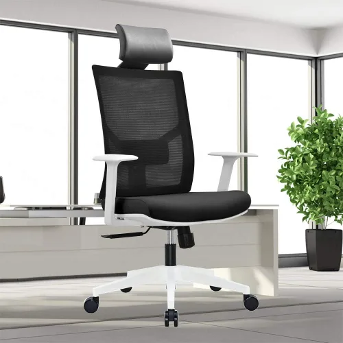 Vista 3 de Silla de oficina ergonómica de malla multifunción con soporte lumbar, reposabrazos ajustable, naranja (sin reposacabezas, negro)
