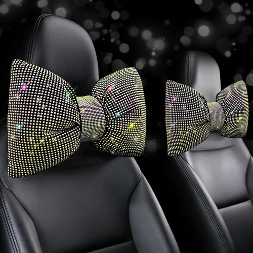 Vista 9 de 2 PCS Almohadas Brillantes para Automóvil, Almohada de Reposacabezas de Coche con Lazo de Pedrería, Almohada Cervical para Coche para Relajación