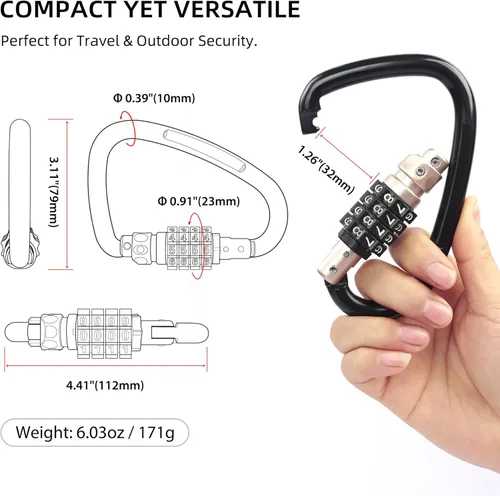 Vista 3 de Locking Carabiner Heavy Duty, Large Carabiner Clip with Combination Lock, 4 inch 25KN Metal D Ring Carbiner, Oval Caribiner, Triangle Caribeaner