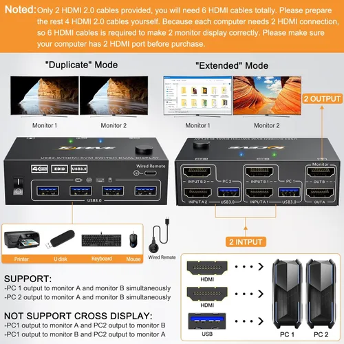 Vista 2 de KVM Switch 2 Computadoras 2 Monitores, Conmutador KVM HDMI de doble monitor Versión USB 3.0, resolución HD 4K @60Hz, copia de soporte y pantalla