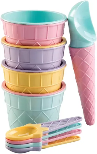 Tribello Juego de cuencos y cucharas para helado, 9 platos de plástico reutilizables para helados para niños, lindos cuencos pequeños para helado