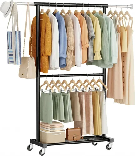 Perchero doble para colgar ropa, perchero con barra ajustable, color negro