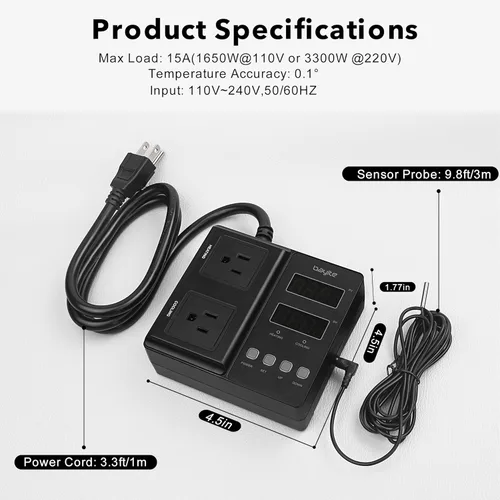Vista 7 de bayite Controlador de temperatura 1650W 15A BTC211 Enchufe de termostato de salida digital dual, precableado, modo de calefacción y enfriamiento