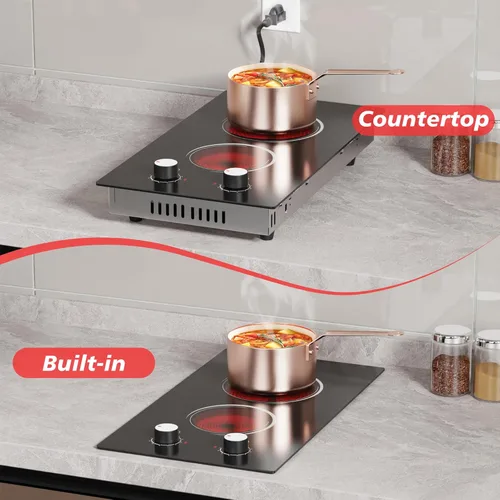 Vista 4 de Placa de cocina eléctrica, 2 quemadores, estufa eléctrica de 110 V 2000 W con control de perilla, encimera eléctrica radiante de 12 pulgadas e
