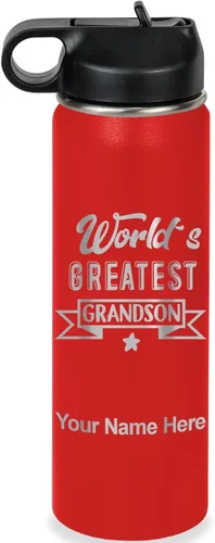 Vista 62 de LaserGram Personalized Water Bottle, World's Greatest Grandson, Stainless Steel Double Wall Vacuum Insulated with Flip Top Straw, Custom Engraved