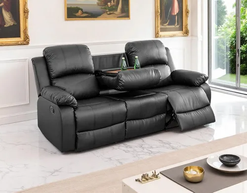 Vista 24 de Juego de 2 sofás reclinables manuales de cuero sintético, juego de sofá reclinable para sala, muebles modernos para sala con portavasos/consola
