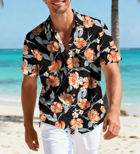 Vista 8 de Camisas hawaianas para hombre, casual, manga corta, con botones, tropical, verano, playa, con bolsillo Camisas de bolos negras para hombre