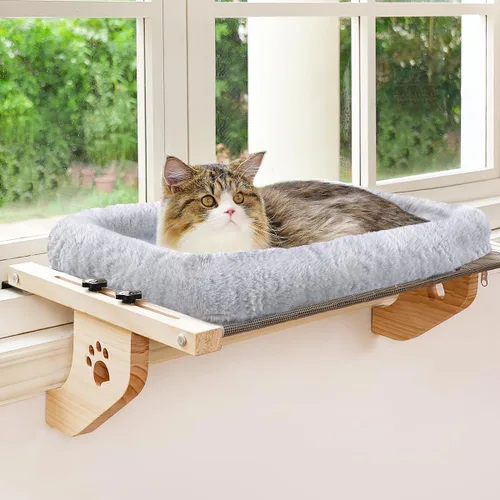 Vista 8 de AMOSIJOY Percha de Ventana para Gatos Hamaca Resistente Asiento de Ventana con Funda de Cojín para Cama, Marco de Madera y Metal para Gatos Grandes