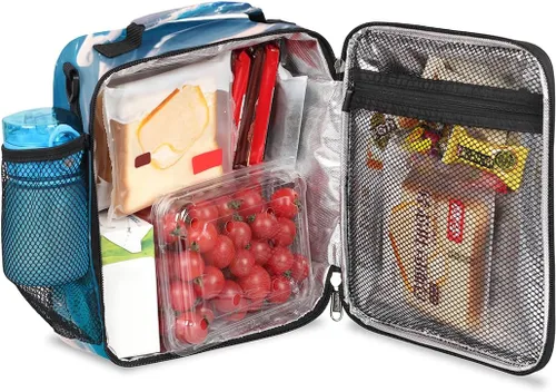 Vista 5 de Lonchera de lobo para niños, colorida caja de almuerzo con diseño de olas del océano para niños, reutilizable, aislada, impermeable, con correa