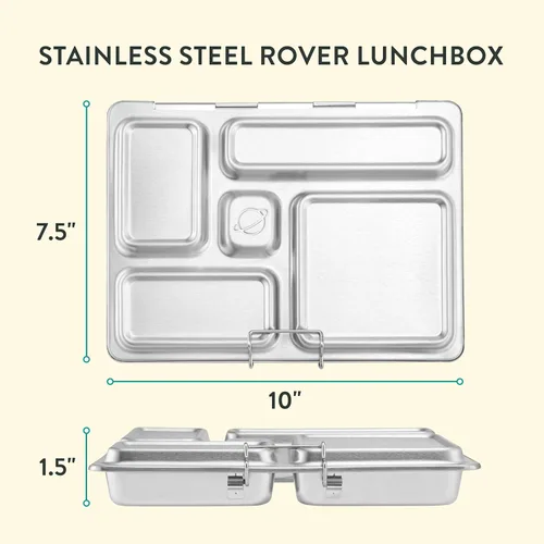Vista 2 de PlanetBox Rover - Lonchera estilo Bento de acero inoxidable para jóvenes con 5 compartimentos, edición mariposas incluye bolsa de almuerzo aislada