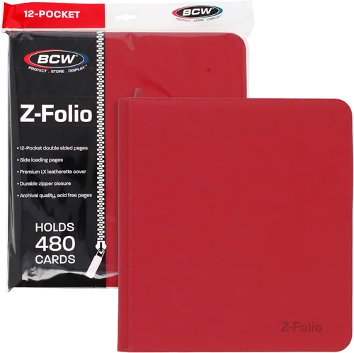 BCW Z-Folio LX - Cartera con cremallera – Álbum de 12 bolsillos de cuero sintético rojo premium – Cremallera segura – Capacidad de 480 tarjetas –