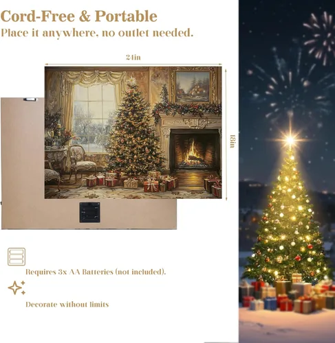 Vista 6 de Artiluxy Lienzo decorativo para pared con luces LED de Navidad, árbol de Navidad iluminado de 24 x 18 pulgadas con escena de chimenea, funciona