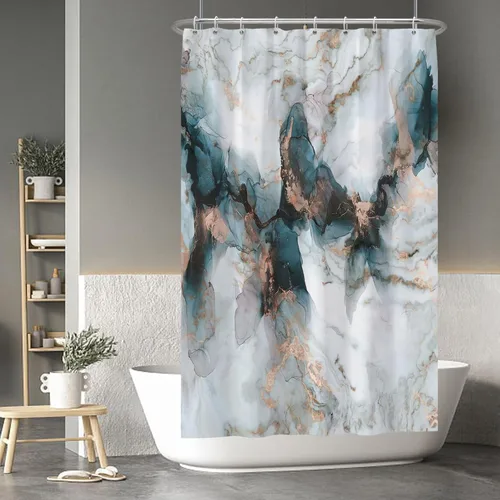 Vista 164 de Baocicco Cortina de ducha de mármol azul abstracto a rayas, decorativa, textura de lujo, línea moderna, decoración de acuarela, juego de cortinas
