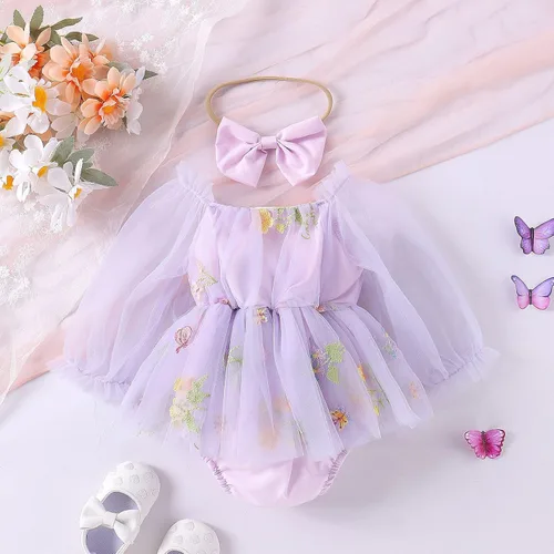Vista 3 de ODASDO Mameluco para bebé recién nacido, vestido de princesa con bordado de flores, manga larga, traje de una pieza