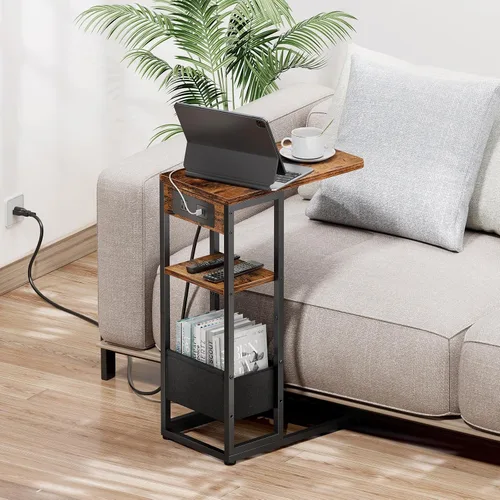 Vista 9 de Mesa auxiliar en forma de C con estación de carga, mesa lateral pequeña para sofá reclinable, mesas de aperitivos deslizables debajo del sofá