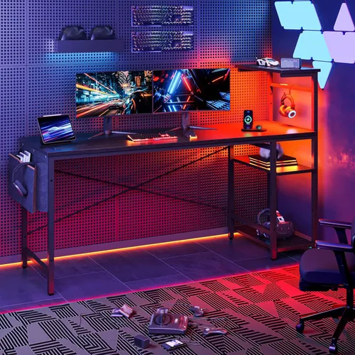 Vista 42 de Bestier Escritorio para juegos con tomas de corriente, escritorio LED grande de 61 pulgadas con estantes reversibles de 4 niveles, mesa
