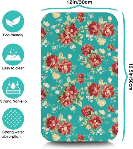 Vista 4 de Tapete de secado de platos para encimera de cocina, 20 x 12 pulgadas, lavable, almohadilla de secado rápido de platos, parte trasera de goma Flores