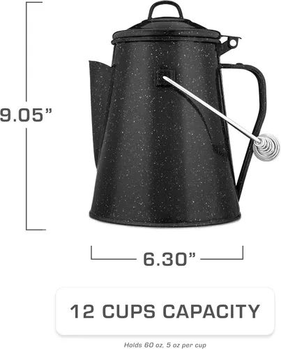 Vista 4 de COLETTI Hervidor clásico de camping de 60 onzas, tetera de té y campamento, sin aluminio ni plástico, ideal para hervir agua [esmalte negro]