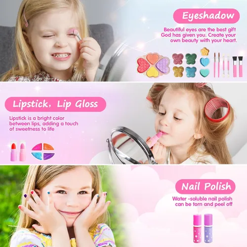Vista 5 de Topsolid Kit de Maquillaje Infantil con Espejo - Juego de Maquillaje Lavable Real para Niñas de 5-8, Set de Cosméticos de Princesa, Regalos
