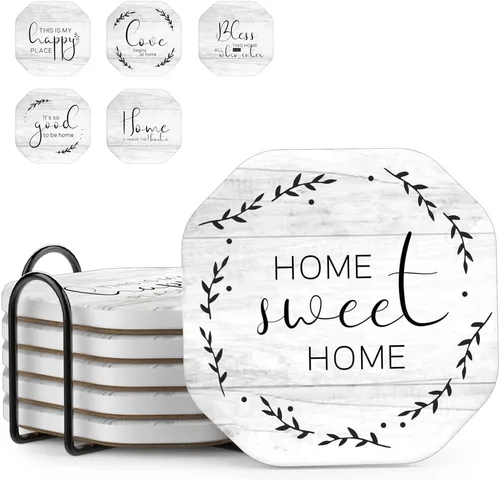 Vista 10 de UMIRRO Posavasos de cerámica y piedra absorbentes con soporte para mesa de café de madera Decoración, Posavasos de gres para tazas para bebidas