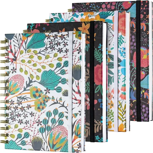 Cuaderno de espiral, paquete de 4 cuadernos rayados A5 para mujer, diario en espiral de tapa dura con 2 bolsillos, cuadernos con rayas