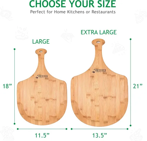 Vista 3 de Pala de madera de bambú prémium para pizza y tabla de cortar con mango (para hornear pizza, pan, cortar frutas, verduras, queso) – Tamaño personal
