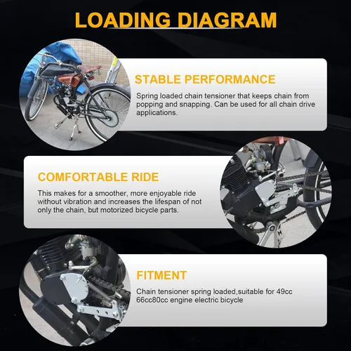 Vista 5 de Nuevo modelo Kit de tensor de cadena cargado por resorte para 49cc 50cc 66cc 80cc 2 tiempos motor de gas motorizado bicicleta plata con rueda