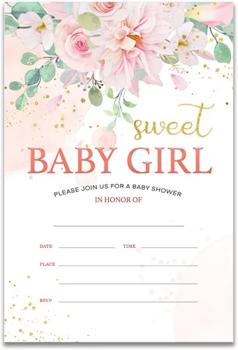 YIDOU Invitaciones de fiesta de baby shower con diseño floral rosa para baby shower, 20 invitaciones y sobres (doble cara)