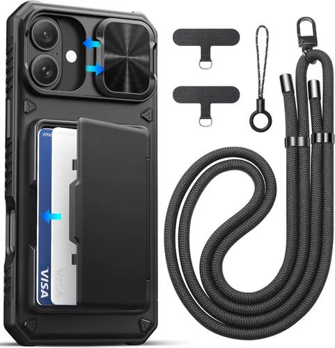 Vista 31 de ATATOO Funda para iPhone 16, tarjetero integrado (almacena 3-5 tarjetas) y protector de cámara deslizante, protección de grado militar, bonita funda